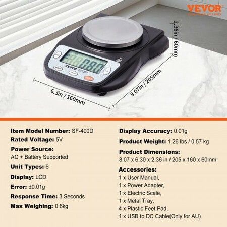 Analytical Balance Lab Scale 600g x 0.01g 6 Units Conversion Electronic