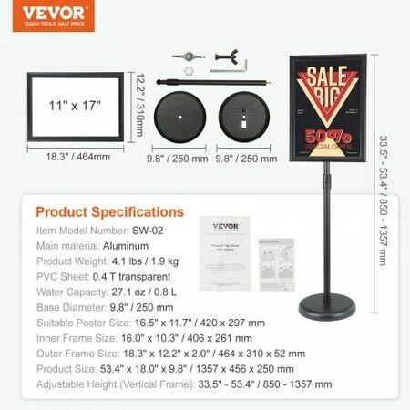 Pedestal Sign Holder 11 x 17 Inch Vertical and Horizontal Adjustable Poster Stand Heavy-Duty Floor Standing Sign Holder with Round Base