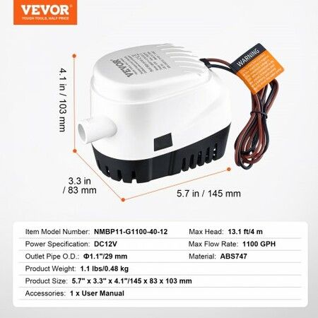 Bilge Pump 1100GPH Automatic Submersible Boat Bilge Water Pump with Float Switch 29 mm Outlet Diameter Small Boat Bilge Pump Marine Electric Bilge Pump