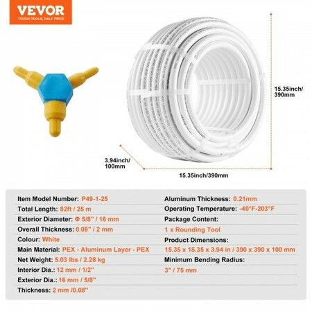 PEX-AL-PEX Tube 25 M 16 mm Diameter Aluminum-Plastic Composite Pipe Oxygen Barrier Radiant Floor PEX Pipe 2 mm Thickness Radiant Heat Floor Plumbing