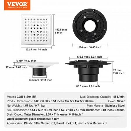 406mm Linear Shower Drain with Square Pattern GrateBrushed 304 Stainless Steel Rectangle Shower Floor DrainLinear Drain with Leveling FeetHair Strainer