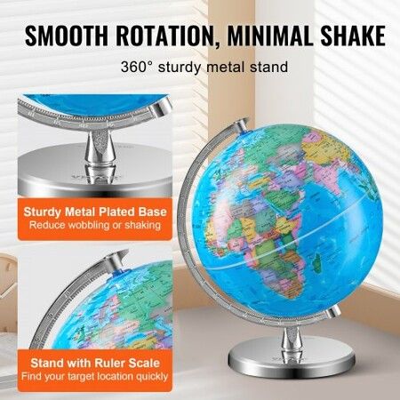 Rotating World Globe with Stand 203.2 mm Educational Geographic Globe with Precise Time Zone ABS Material 360 degree Spinning Globe for Kids Children