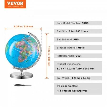 Rotating World Globe with Stand 203.2 mm Educational Geographic Globe with Precise Time Zone ABS Material 360 degree Spinning Globe for Kids Children