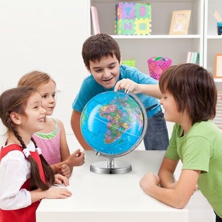 Rotating World Globe with Stand 203.2 mm Educational Geographic Globe with Precise Time Zone ABS Material 360 degree Spinning Globe for Kids Children