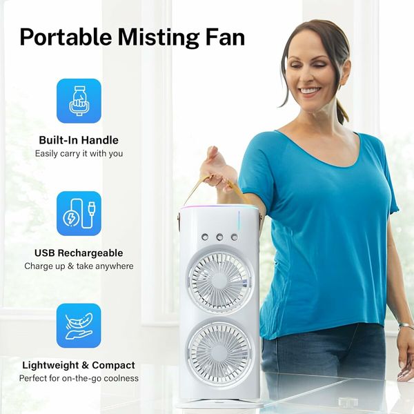 Air Misting Fan Portable USB Powered Rechargeable Summer Cool Fan Evaporative 180 rotation 90 oscillation 3 Spray Air Cooler  Outdoor Camping Blow Air