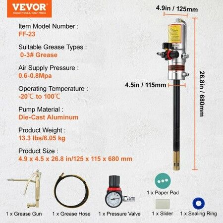 Grease Pump 50:1 Pressure Ratio Air Operated Grease Pump w/ 3.88 m High Pressure Hose & Grease Gun Pneumatic Grease Pump Portable Lubrication Grease Pump