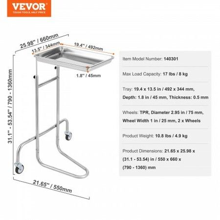 Stainless Steel Lab Cart with Single Tray & 2 Silent Wheels for Lab Clinic