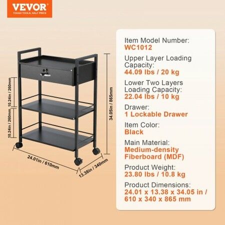 Beauty Salon Trolley Cart 3-Tier Hair Salon Stations Cabinet for Stylist with Lockable Drawer MDF Rolling Storage Station with 4 Wheels (2 Lockable)