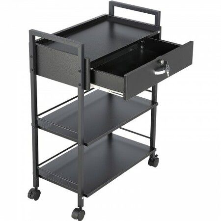 Beauty Salon Trolley Cart 3-Tier Hair Salon Stations Cabinet for Stylist with Lockable Drawer MDF Rolling Storage Station with 4 Wheels (2 Lockable)