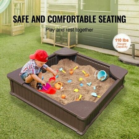 Sandbox with Cover 48.6x48.6x12.4 in Square Sand Box HDPE Sand Pit with 4 Corner Seating and Bottom Liner Kids Sandbox for Outdoor Backyard Beach Park