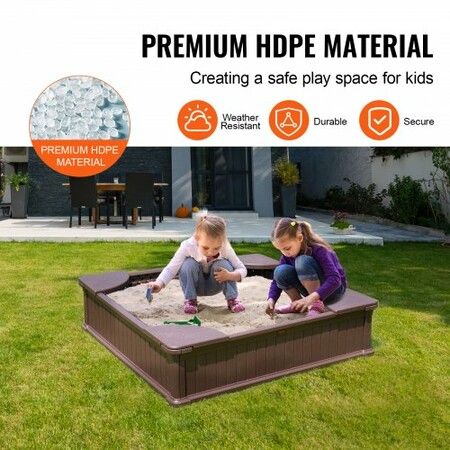 Sandbox with Cover 48.6x48.6x12.4 in Square Sand Box HDPE Sand Pit with 4 Corner Seating and Bottom Liner Kids Sandbox for Outdoor Backyard Beach Park