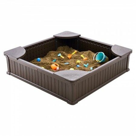 Sandbox with Cover 48.6x48.6x12.4 in Square Sand Box HDPE Sand Pit with 4 Corner Seating and Bottom Liner Kids Sandbox for Outdoor Backyard Beach Park