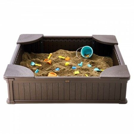 Sandbox with Cover 48.6x48.6x12.4 in Square Sand Box HDPE Sand Pit with 4 Corner Seating and Bottom Liner Kids Sandbox for Outdoor Backyard Beach Park