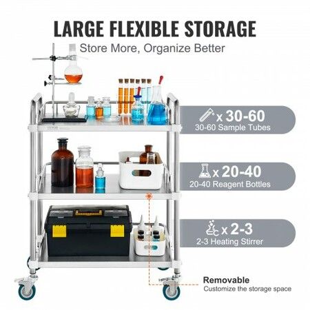 Lab Rolling Cart 3-Shelf Stainless Steel Rolling Cart Lab Serving Cart with Swivel Casters Dental Utility Cart for Clinic Lab  Hospital Salon