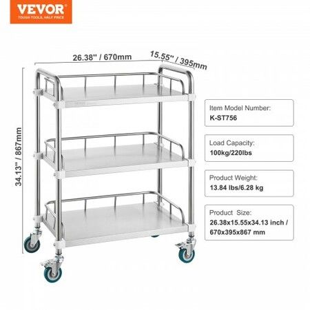 Lab Rolling Cart 3-Shelf Stainless Steel Rolling Cart Lab Serving Cart with Swivel Casters Dental Utility Cart for Clinic Lab  Hospital Salon