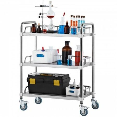 Lab Rolling Cart 3-Shelf Stainless Steel Rolling Cart Lab Serving Cart with Swivel Casters Dental Utility Cart for Clinic Lab  Hospital Salon