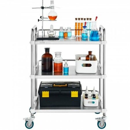 Lab Rolling Cart 3-Shelf Stainless Steel Rolling Cart Lab Serving Cart with Swivel Casters Dental Utility Cart for Clinic Lab  Hospital Salon