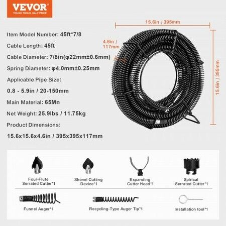 Drain Cleaning Cable 45 FT x 7/8 Inch Professional Sectional Drain Cleaner Cable with 6 Cutters for 0.8" to 5.9" Pipes Hollow Core Sewer Drain Auger Cable