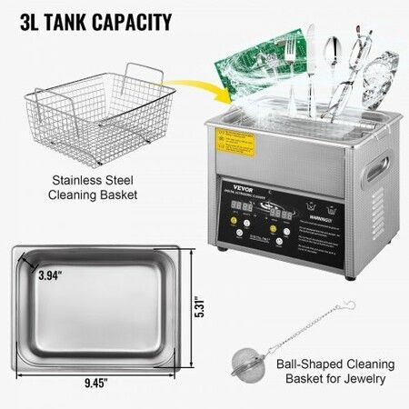 Digital Ultrasonic Cleaner 3L Ultrasonic Cleaning Machine 220V 50kHz Sonic Cleaner Machine 304 Stainless Steel Ultrasonic Cleaner Machine w/ Heater & Timer