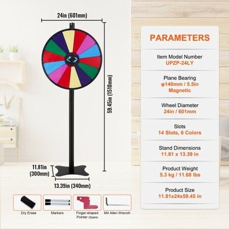 24 inch Spinning Prize Wheel 14 Slots Spinning Wheel Roulette Wheel with a Dry Erase and 2 Markers Tabletop or Floor Standing Win Fortune Spin Games