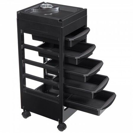 Beauty Salon Trolley Cart Plastic Salon Rolling Cart for Stylist w/ 5 Removable Drawers & Dryer Holder Rolling Hairdressing Cart with 4 Wheels (2 Lockable)