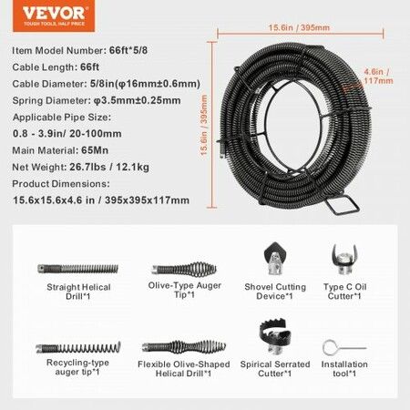 Drain Cleaning Cable 66 FT x 5/8 Inch Professional Sectional Drain Cleaner Cable with 7 Cutters for 0.8" to 3.9" Pipes Hollow Core Sewer Drain Auger Cable