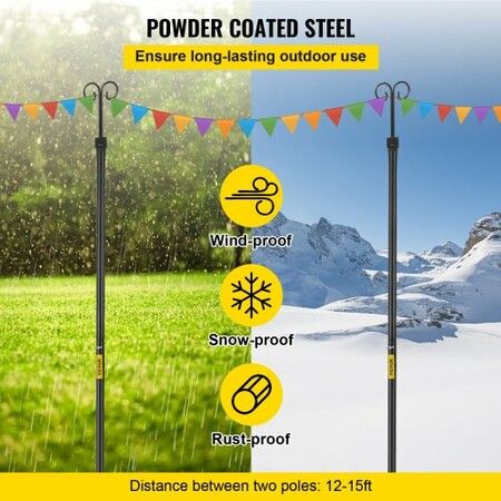 String Light Poles 2 Pack 9.7 FT Outdoor Powder Coated Stainless Steel Lamp Post with Hooks to Hang Lantern and Flags Decorate Garden Backyard Patio Deck