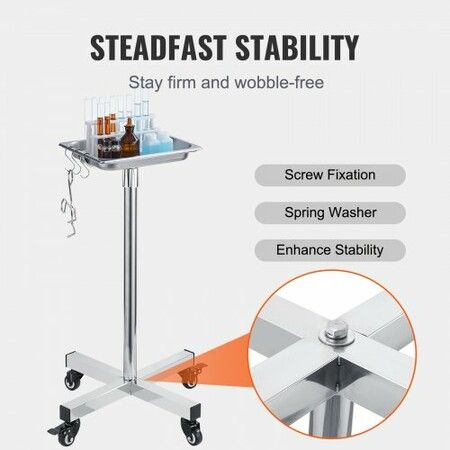 Mayo Stand Stainless Steel Mayo Tray Load Capacity up to 16.5 kg Adjustable Height 811-1396 mm Medical Tray on Wheels with Removable Tray