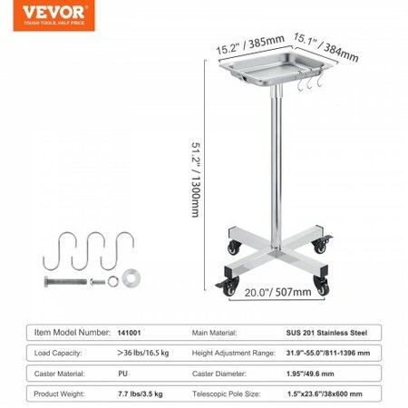 Mayo Stand Stainless Steel Mayo Tray Load Capacity up to 16.5 kg Adjustable Height 811-1396 mm Medical Tray on Wheels with Removable Tray