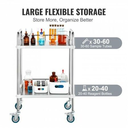 Lab Rolling Cart 2-Shelf Stainless Steel Rolling Cart Lab Serving Cart with Swivel Casters Dental Utility Cart for Clinic Lab  Hospital Salon