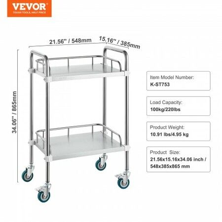 Lab Rolling Cart 2-Shelf Stainless Steel Rolling Cart Lab Serving Cart with Swivel Casters Dental Utility Cart for Clinic Lab  Hospital Salon