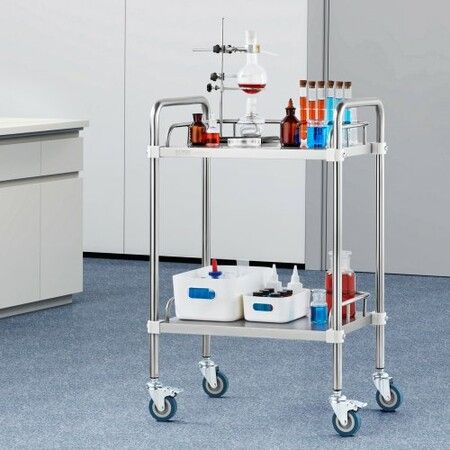 Lab Rolling Cart 2-Shelf Stainless Steel Rolling Cart Lab Serving Cart with Swivel Casters Dental Utility Cart for Clinic Lab  Hospital Salon