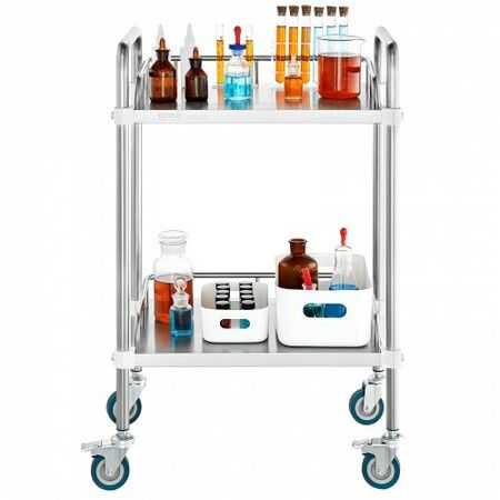 Lab Rolling Cart 2-Shelf Stainless Steel Rolling Cart Lab Serving Cart with Swivel Casters Dental Utility Cart for Clinic Lab  Hospital Salon