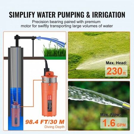 Solar Water Pump DC 96W Submersible Deep Well Pump Max Flow 1.6 GPM Max Head 70 m Max Submersion Depth 30 m Solar Powered Water Pump