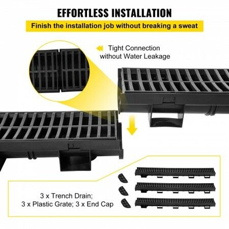 Trench Drain System Channel Drain with Plastic Grate 145x79MM HDPE Drainage Trench Black Plastic Garage Floor Drain 3x39 Trench Drain Grate with 3 End Caps