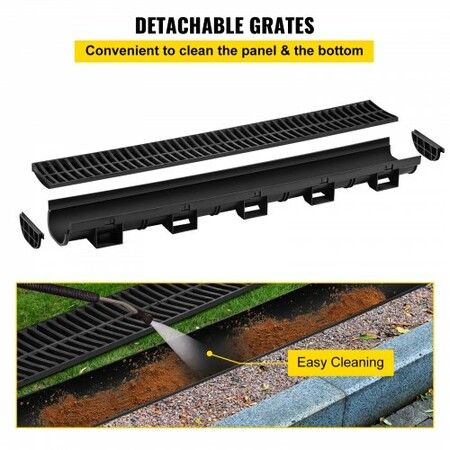 Trench Drain System Channel Drain with Plastic Grate 145x79MM HDPE Drainage Trench Black Plastic Garage Floor Drain 3x39 Trench Drain Grate with 3 End Caps