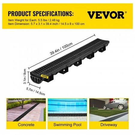 Trench Drain System Channel Drain with Plastic Grate 145x79MM HDPE Drainage Trench Black Plastic Garage Floor Drain 3x39 Trench Drain Grate with 3 End Caps