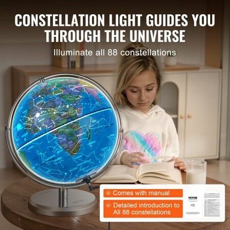 Illuminated World Globe with Stand 330.2 mm Educational Earth Globe with Stable Heavy Metal Base and LED Constellation Night Light HD Printed Map Spinning