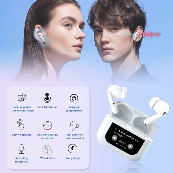 Language Translator Earbuds Real Time Translation Earbuds with 144 Languages Supported,ANC Noise Cancelling,Bluetooth,Smart Touch Screen Housing (White)