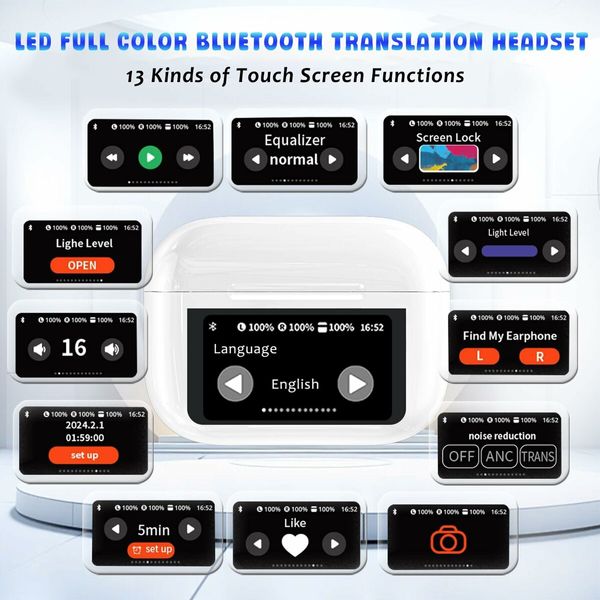 Language Translator Earbuds Real Time Translation Earphones with 144 Languages Supported,ANC Noise Cancelling,Bluetooth 5.4,Touch Screen Housing (Black)