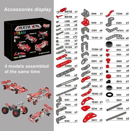 Car Building Kits 265Pieces Building Cars Metal Erector Set Racing Car Building Kits Assembly Red Vehicle  Kids Boys Chirstmas Birthday Gift