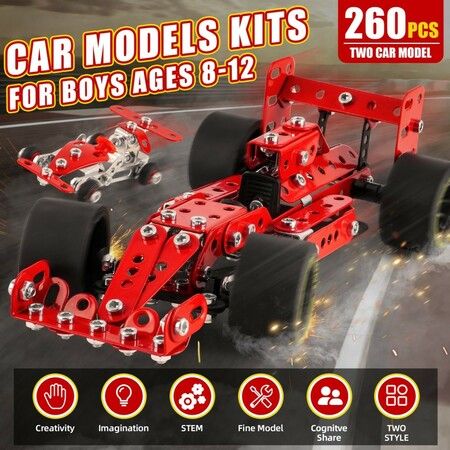 Car Building Kits 201Pieces Building Cars Metal Erector Set Racing Car Building Kits Assembly Red Vehicle  Kids Boys  Chirstmas Birthday Gift