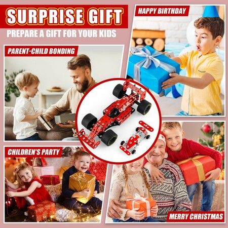 Car Building Kits 201Pieces Building Cars Metal Erector Set Racing Car Building Kits Assembly Red Vehicle  Kids Boys  Chirstmas Birthday Gift