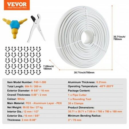 PEX-AL-PEX Tube 300M 16 mm Diameter Aluminum-Plastic Composite Pipe Oxygen Barrier Radiant Floor PEX Pipe 2 mm Thickness Radiant Heat Floor Plumbing Inner Aluminum Layer PEX Tubing Pipe