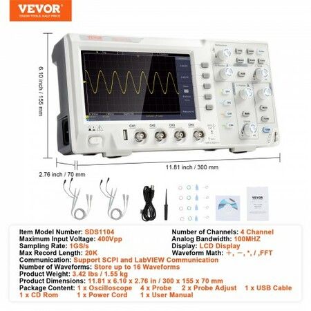 Digital Oscilloscope 1GS/S Sampling Rate 100MHZ Bandwidth Portable Oscilloscope with 4 Channels Color Screen 30 Automatic Measurement Functions for Electronic Circuit Testing DIY