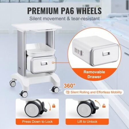 2 Tiers Lab Carts Mobile Medical Cart with 1 Drawer & 1 Top Tray White