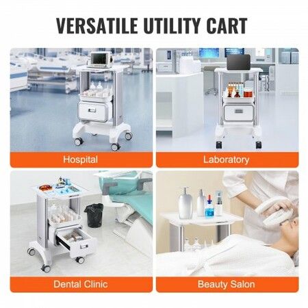 2 Tiers Lab Carts Mobile Medical Cart with 1 Drawer & 1 Top Tray White