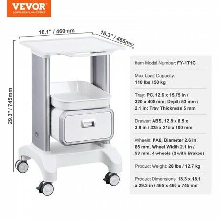 2 Tiers Lab Carts Mobile Medical Cart with 1 Drawer & 1 Top Tray White