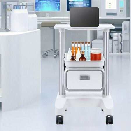 2 Tiers Lab Carts Mobile Medical Cart with 1 Drawer & 1 Top Tray White