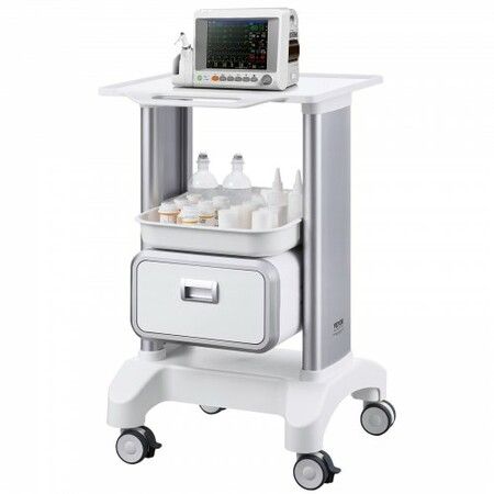 2 Tiers Lab Carts Mobile Medical Cart with 1 Drawer & 1 Top Tray White